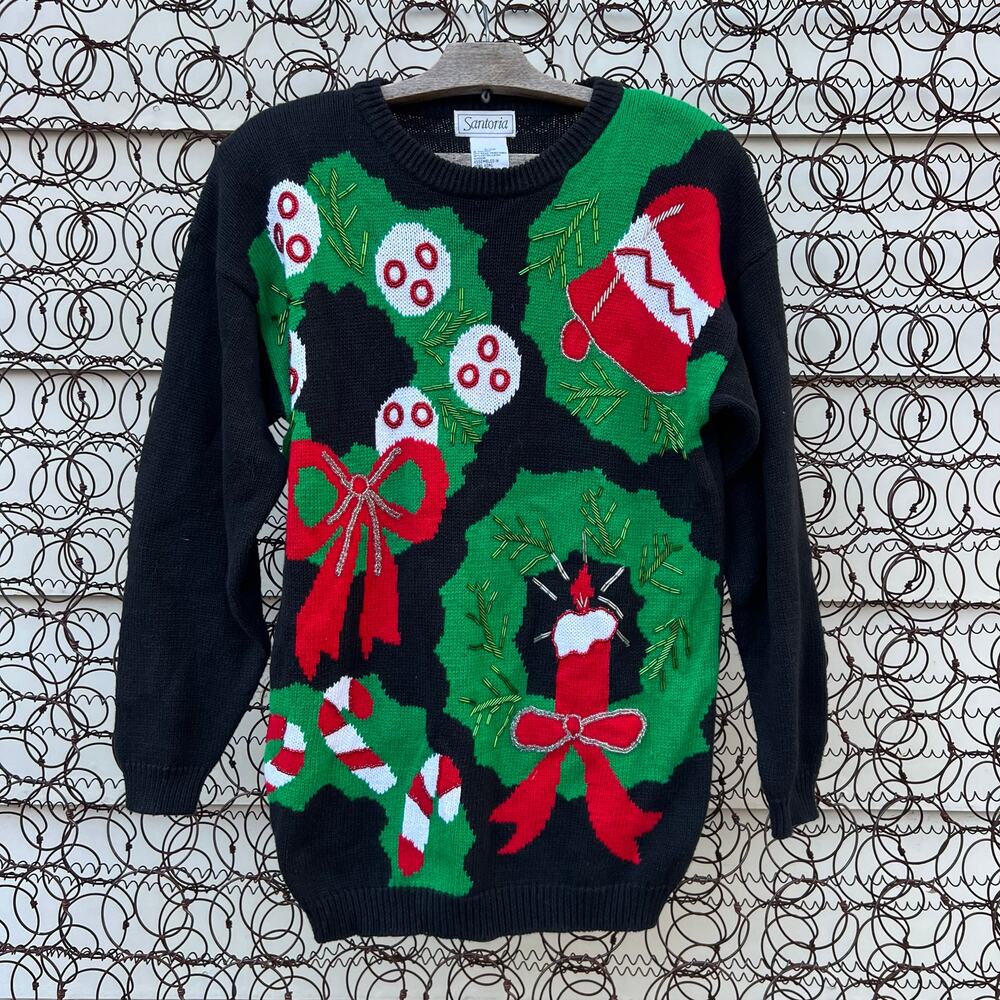 Vintage 90s Christmas Wreaths Bows Bells Bead Ugly Sweater Tunic SMALL